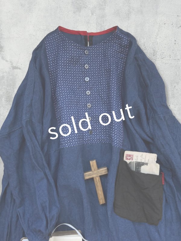 画像4: MARCHE' DE SOEUR/ターシャの種蒔ポケットワンピース・インディゴ×プチペイズリー (4)