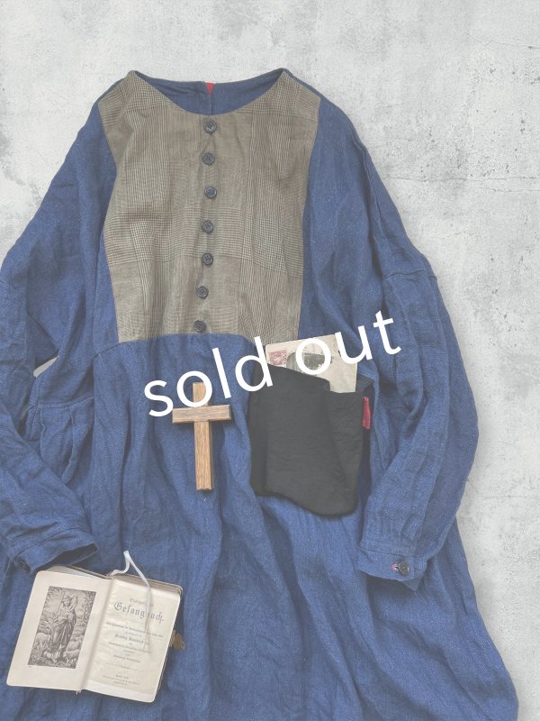 画像2: MARCHE' DE SOEUR/ターシャの種蒔ポケットワンピース・インディゴ×ハーブ (2)