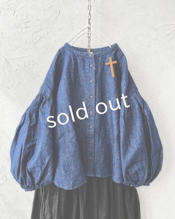 画像2: ubasoku/0716 デニムバフ袖ブラウス・インディゴ (2)