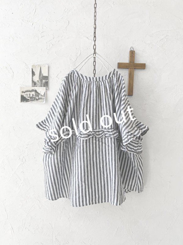 画像8: ubasoku/0920 ラウンドフリル半袖ブラウス・ブラックストライプ (8)