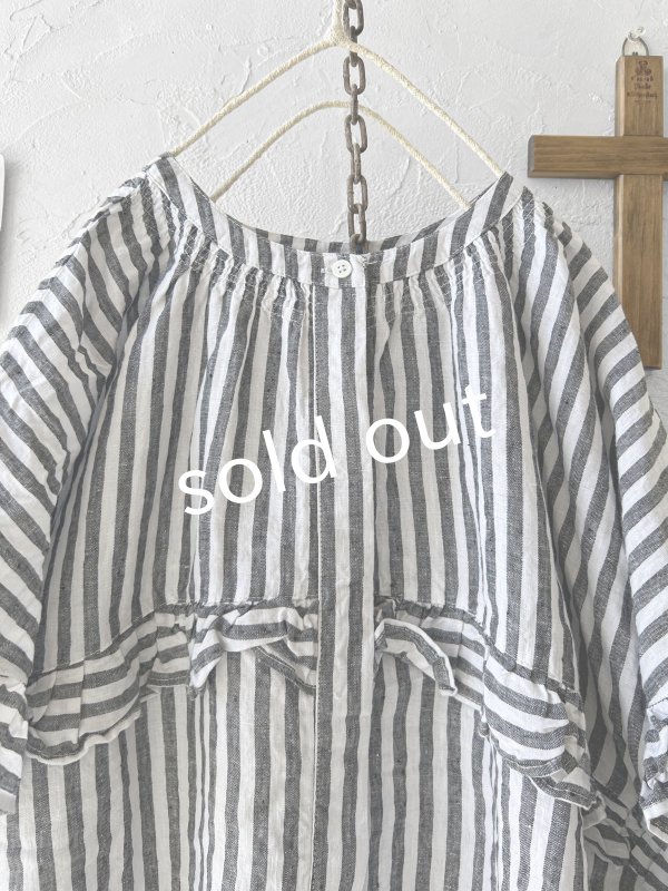 画像3: ubasoku/0920 ラウンドフリル半袖ブラウス・ブラックストライプ (3)