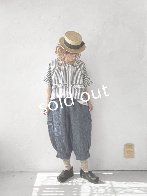 画像12: ubasoku/0920 ラウンドフリル半袖ブラウス・ブラックストライプ (12)