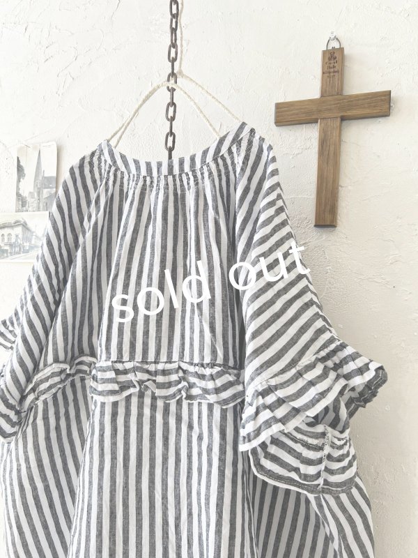 画像9: ubasoku/0920 ラウンドフリル半袖ブラウス・ブラックストライプ (9)