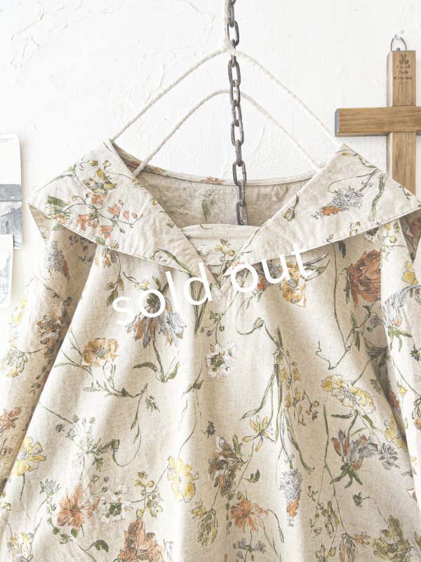 画像2: ubasoku/0923 セーラー衿のボタニカル半袖ブラウス・ベージュ (2)