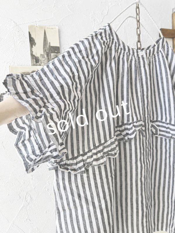 画像5: ubasoku/0920 ラウンドフリル半袖ブラウス・ブラックストライプ (5)