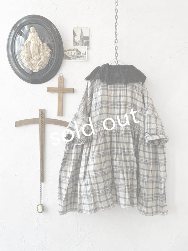 画像6: MARCHE' DE SOEUR／大きなラッフル襟のチュニック・先染チェックに黒ガーゼ襟 (6)