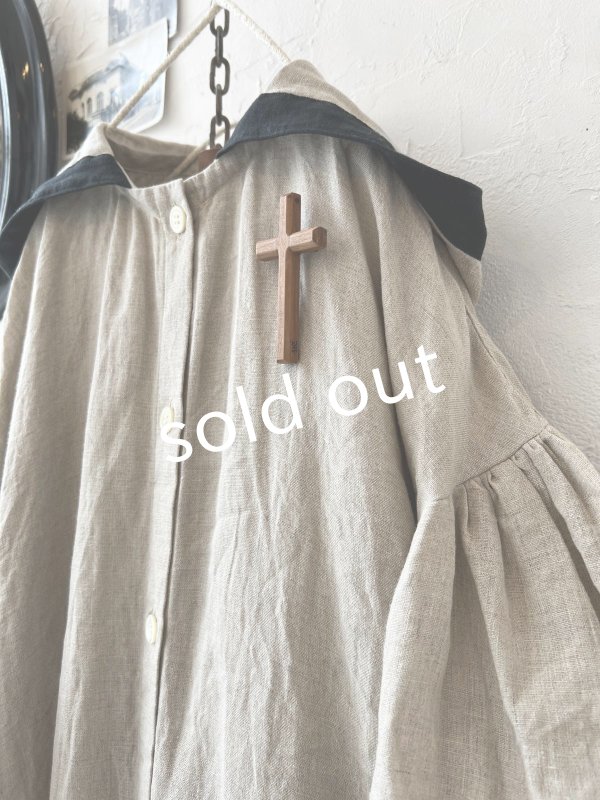画像7: Avenue／フード付きリネンワンピース・生成りに黒ライン (7)