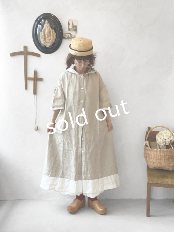 画像12: Avenue／フード付きリネンワンピース・生成りに白ライン (12)