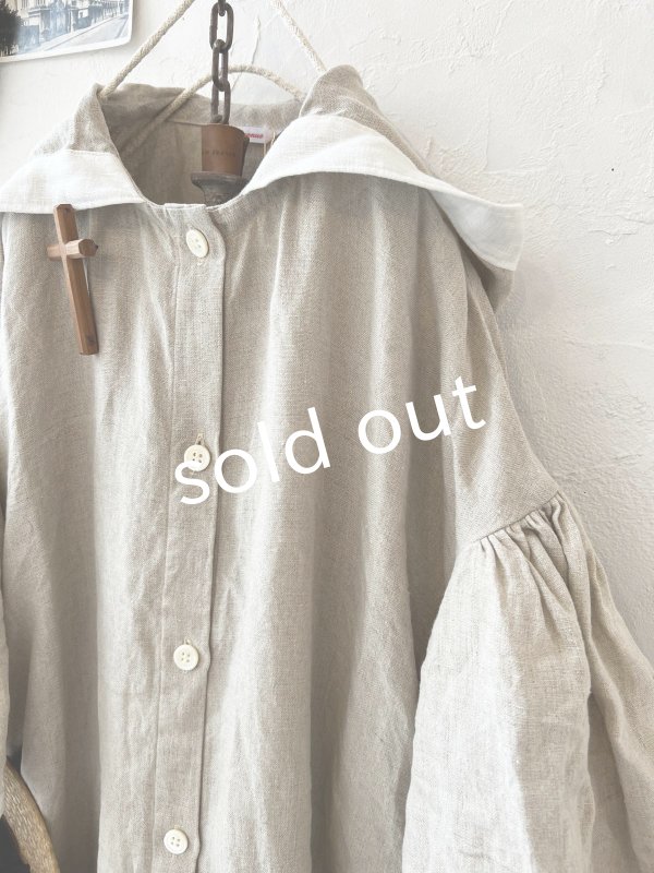画像7: Avenue／フード付きリネンワンピース・生成りに白ライン (7)