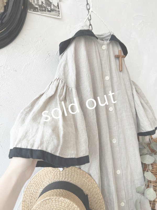 画像3: Avenue／フード付きリネンワンピース・生成りに黒ライン (3)