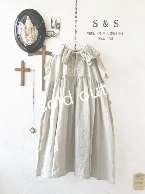 画像1: shizuka's【14】アンティークレースのフリル襟フレンチワンピース・生成りA (1)