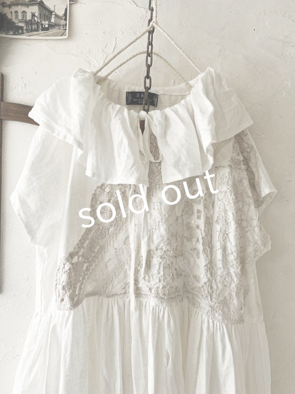 画像2: shizuka's【9】アンティークレースのフリル襟フレンチワンピース・白D (2)