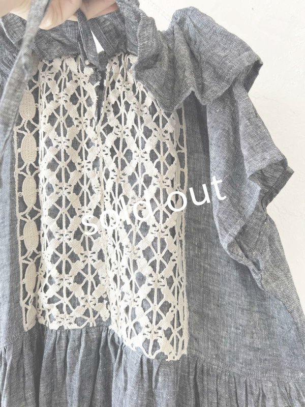 画像3: shizuka's【25】アンティークレースのフリル襟フレンチワンピース・黒シャンブレーB (3)