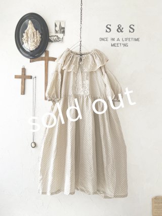 S&S shizuka作 リネンワンピース ハンドメイド フリル襟 アンティーク shizuka's【14】アンティークレースのフリル襟フレンチ