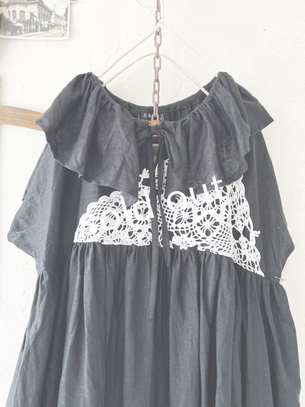 画像2: shizuka's【22】アンティークレースのフリル襟フレンチワンピース・黒 (2)