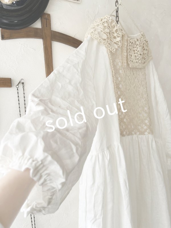 画像4: shizuka's【11】アンティークレースのボリューム袖ワンピース・白A (4)
