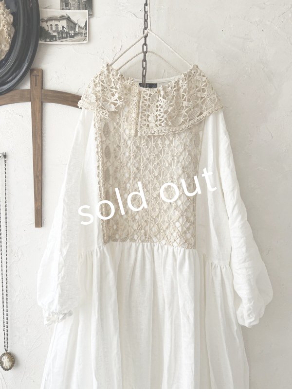 画像2: shizuka's【11】アンティークレースのボリューム袖ワンピース・白A (2)