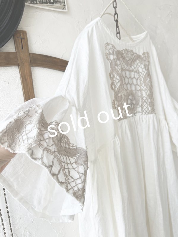 画像4: shizuka's【3】アンティークレースちょうちょ袖ワンピース・白A (4)