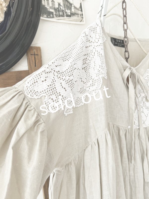 画像4: shizuka's【16】アンティークレースのりぼん結びワンピース・生成りA (4)