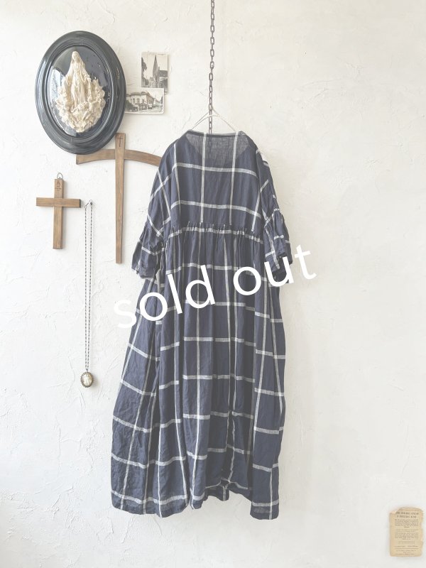 画像6: shizuka's【27】アンティークレースちょうちょ袖ワンピース・ネイビーチェック (6)