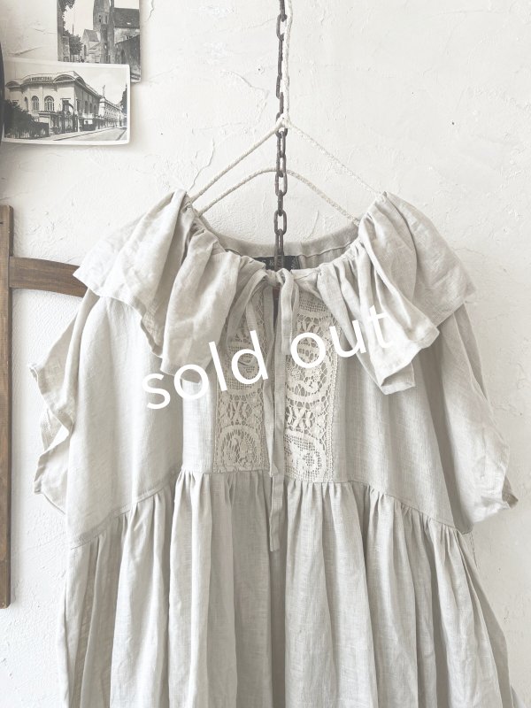 画像2: shizuka's【14】アンティークレースのフリル襟フレンチワンピース・生成りA (2)