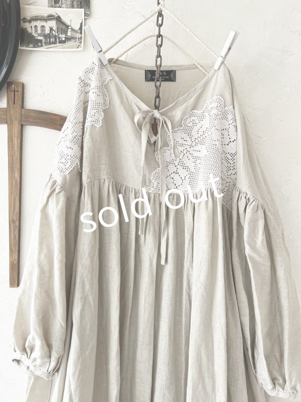 画像2: shizuka's【16】アンティークレースのりぼん結びワンピース・生成りA (2)