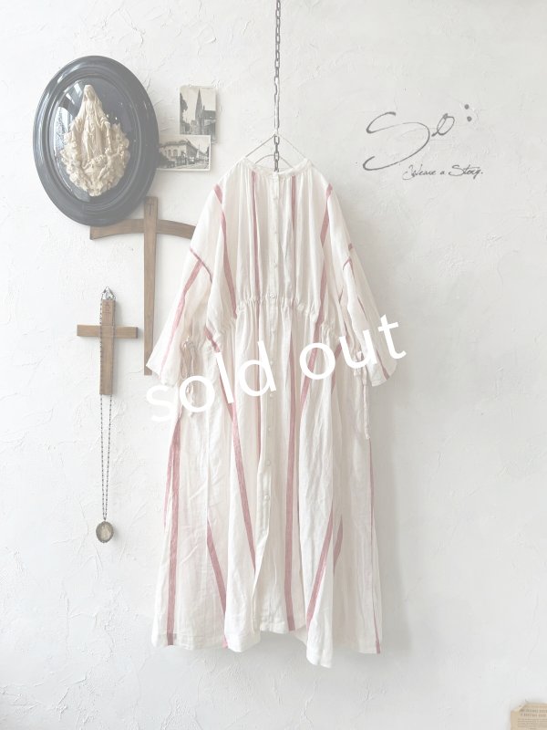 画像1: SO／ガーゼギャザーワンピース・レッドストライプ (1)