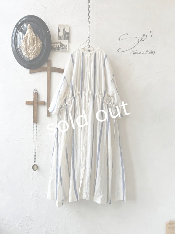 画像1: SO／ガーゼギャザーワンピース・ブルーストライプ (1)