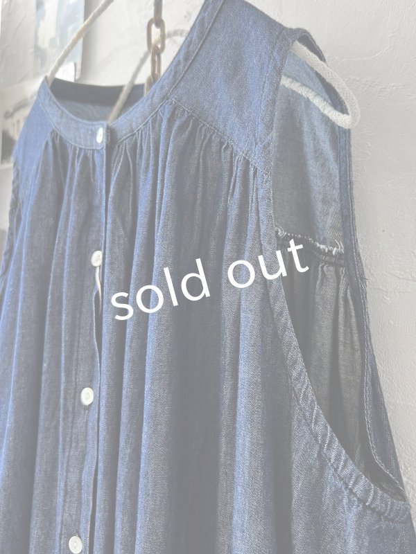 画像4: sorte cuff／インディゴノースリーブギャザーワンピース (4)
