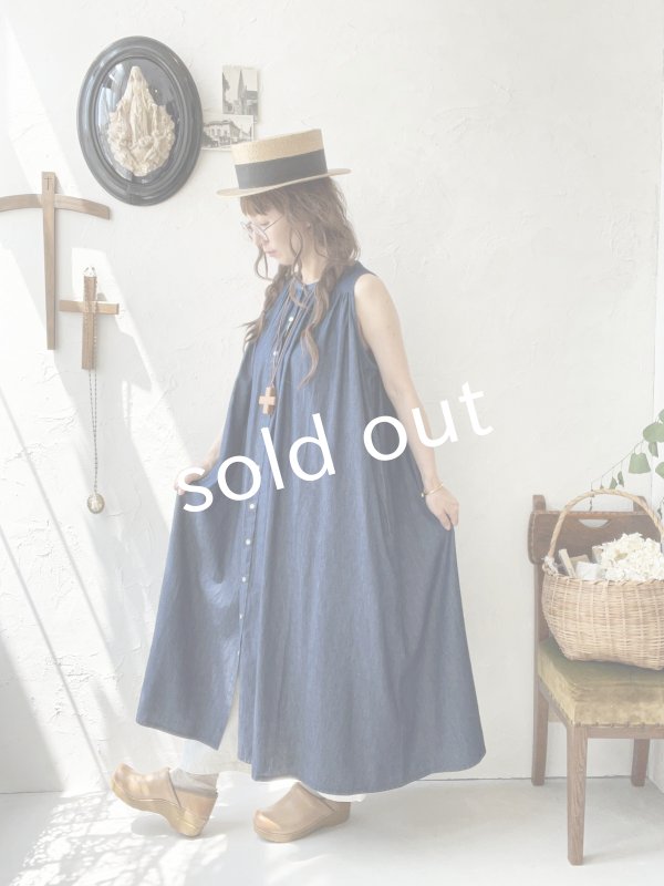 画像10: sorte cuff／インディゴノースリーブギャザーワンピース (10)