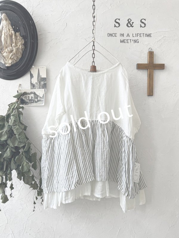 画像1: shizuka's/フレンチ袖レイヤードブラウス・ストライプ (1)