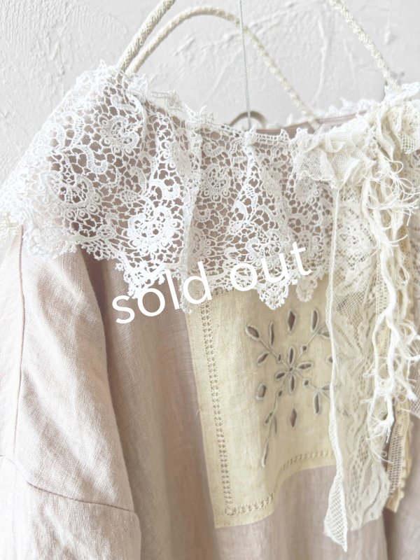 画像5: pollenbienco/アンティークレースのギャザーワンピース・ピンクベージュB (5)