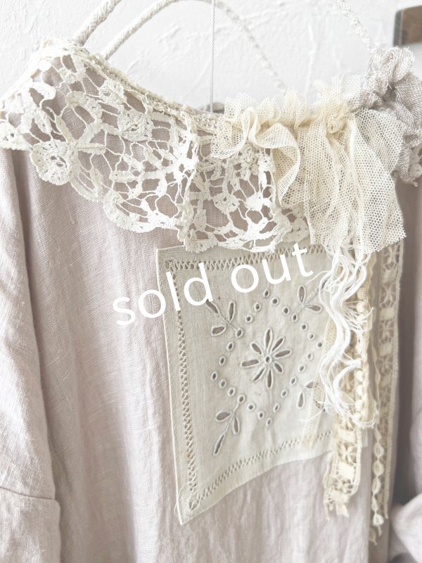 画像5: pollenbienco/アンティークレースのギャザーワンピース・ピンクベージュA (5)