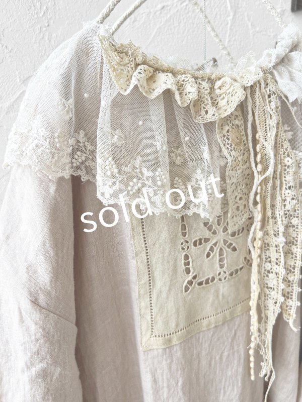 画像4: pollenbienco/アンティークレースのギャザーワンピース・ピンクベージュD (4)