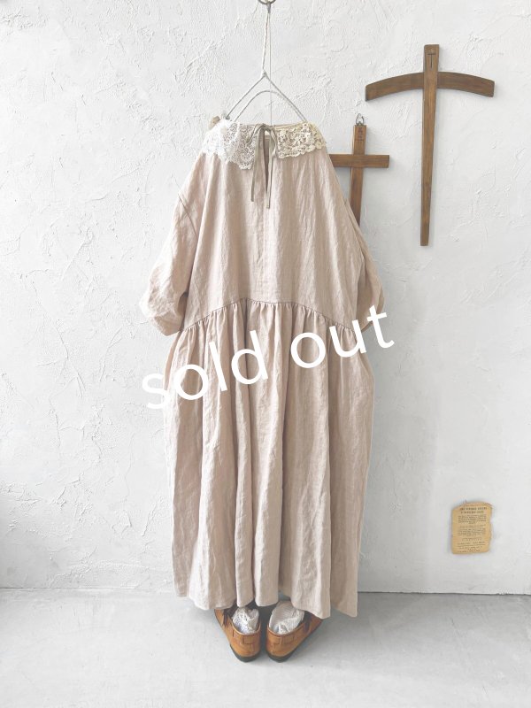 画像9: pollenbienco/アンティークレースのギャザーワンピース・ピンクベージュA (9)