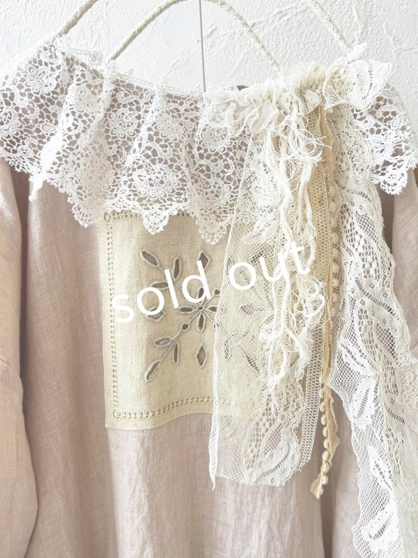 画像3: pollenbienco/アンティークレースのギャザーワンピース・ピンクベージュB (3)