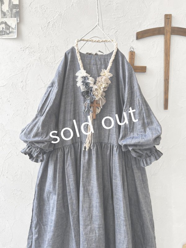画像3: MARCHE' DE SOEUR／十字架ネックレス付きギャザーワンピース・ダンガリー (3)