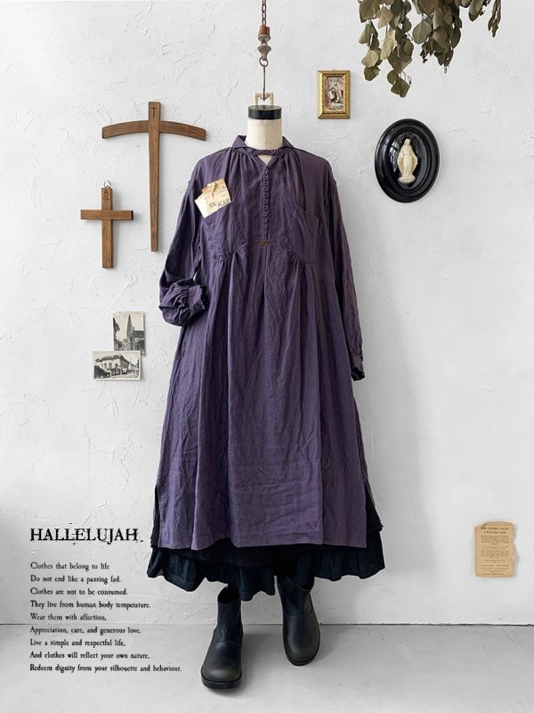 画像2: HALLELUJAH/1890's Bourgeron 羊飼いシャツワンピース・purple (2)