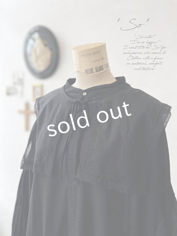 画像1: SO／ティペット付きギャザーワンピース・ブラック (1)