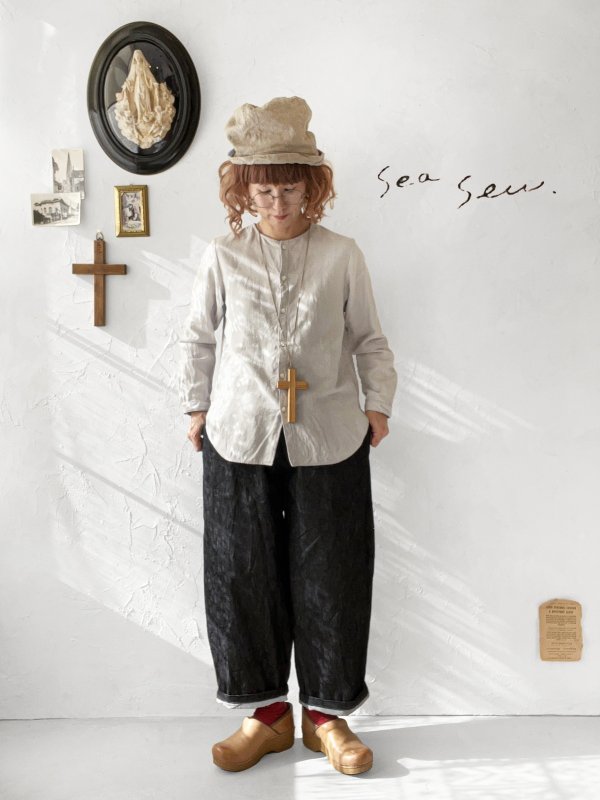 画像2: seasew./201 コットンリネンノーカラーシャツ・ライラック (2)