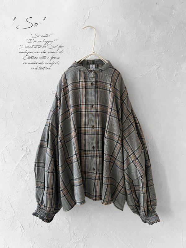 画像2: SO/バルーンスリーブブラウス・ブラウングレンチェック (2)
