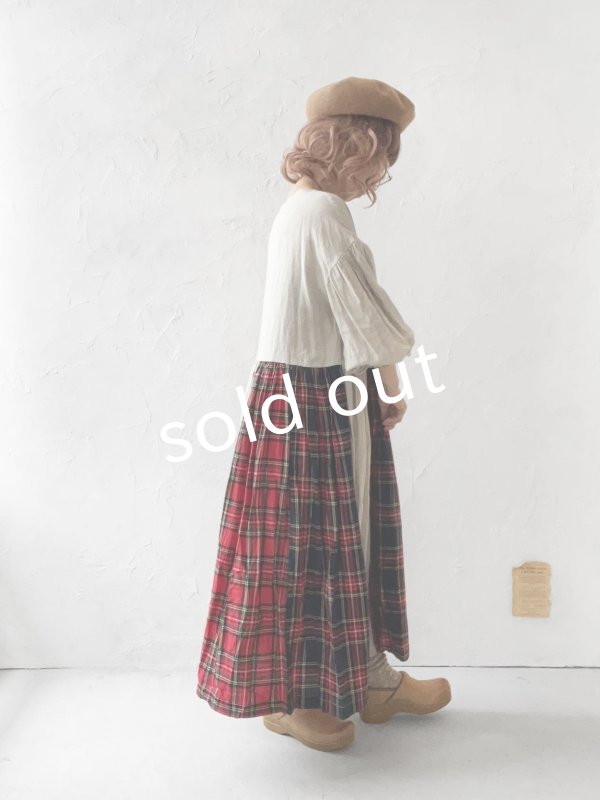 画像10: Avenue／赤チェック切り替えギャザーワンピース・生成り (10)