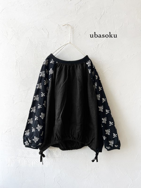 画像1: ubasoku/0200 刺繍の裾りぼんプルオーバー・黒 (1)