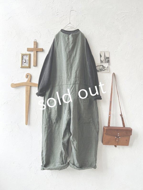 画像5: Libera&Capricciosa／天日干しリネンオーバーオール・ダークブルッシュグリーン (5)