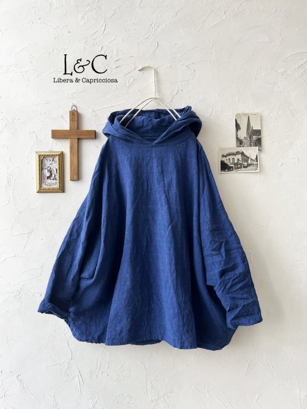 画像1: Libera&Capricciosa／天日干しリネンフードプルオーバー・インクブルー (1)
