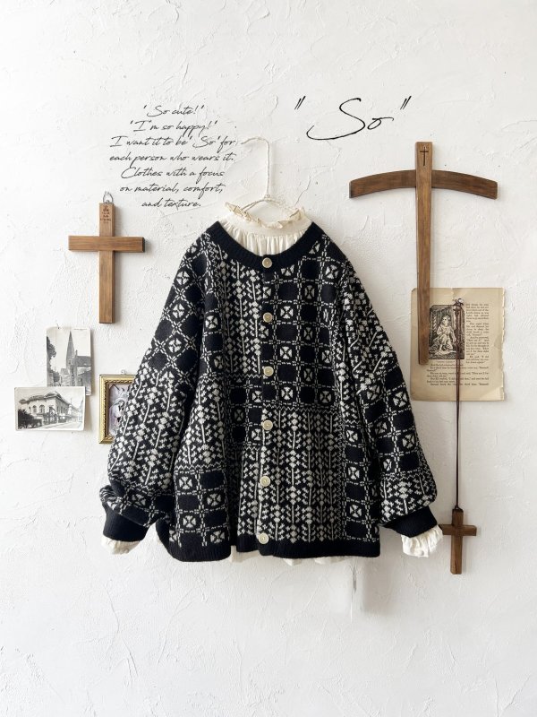 画像1: SO／チロリアンニット2wayカーディガン・ブラック×オートミール (1)