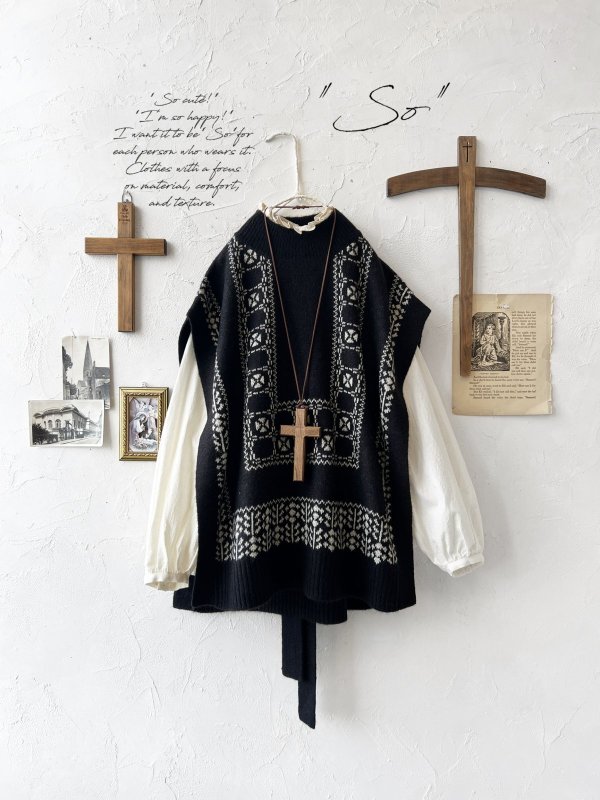 画像1: SO／チロリアンニットベスト・ブラック×オートミール (1)