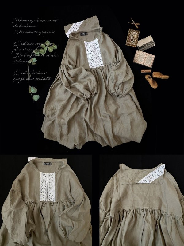 画像2: 【ノエルの贈り物】セーラー襟のレースワンピース・カーキ【19】 (2)