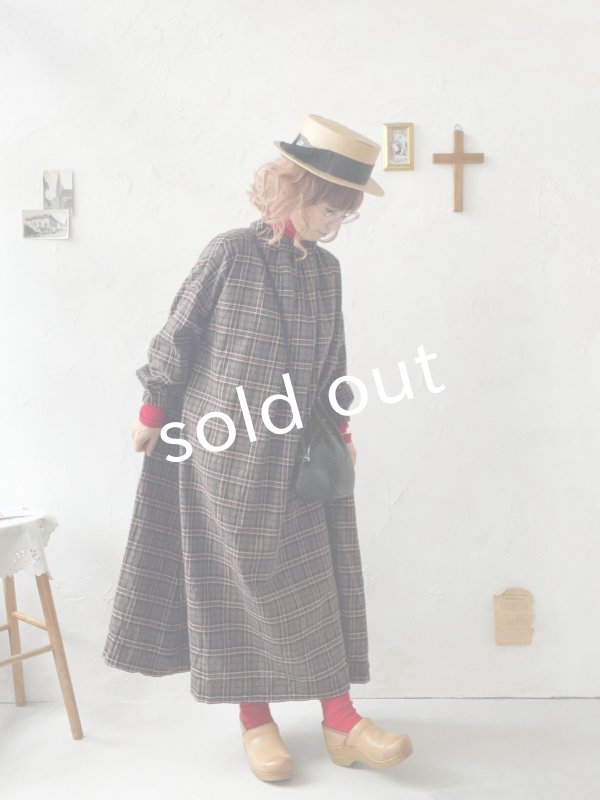 画像12: MARCHE' DE SOEUR／シャーリングネックワンピース・レッドブラウンチェック (12)