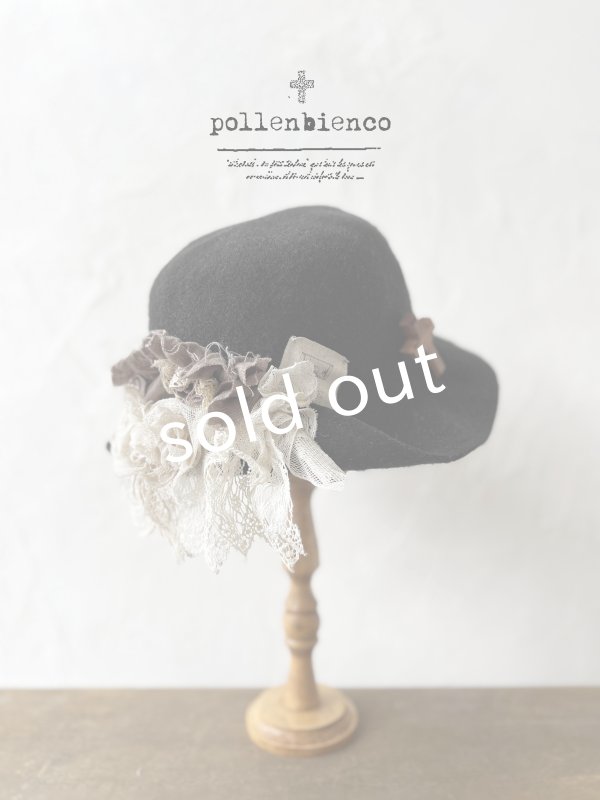 画像1: pollenbienco／アンティークレースのハット・黒 (1)